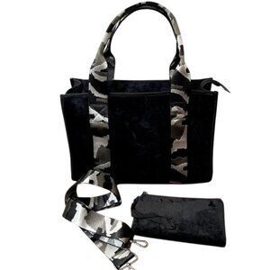 HAUTE SHORE Structured Velveteen Tote with Crossbody Strap & Clutch Black NWOT